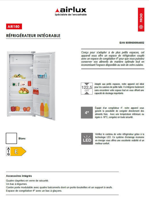 RÉFRIGÉRATEUR INTÉGRABLE AIRLUX ARI180