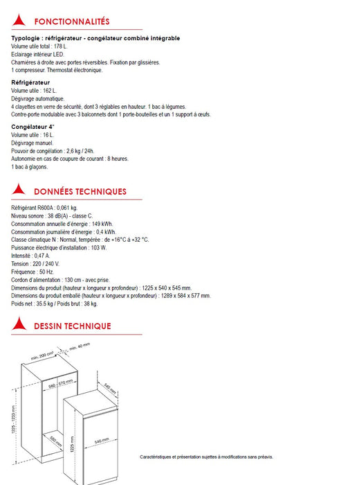 RÉFRIGÉRATEUR INTÉGRABLE AIRLUX ARI180